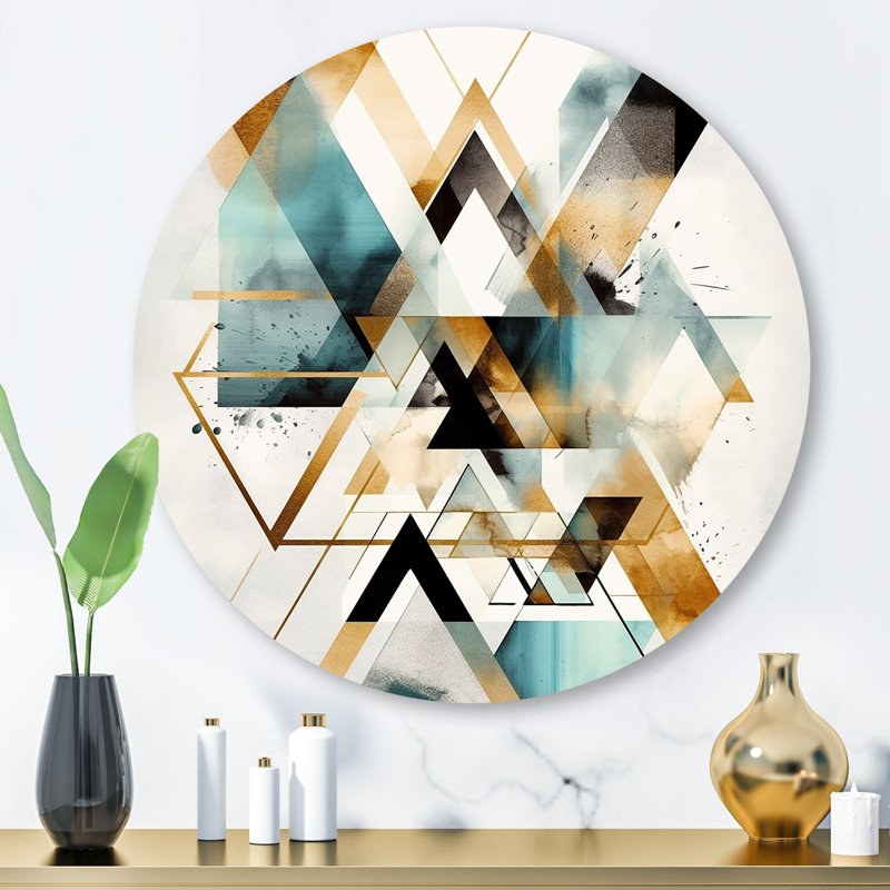 «Green Triangle Boho IV», art mural rond abstrait géométrique sur métal, H 29 po x l 29 po x P 1 po