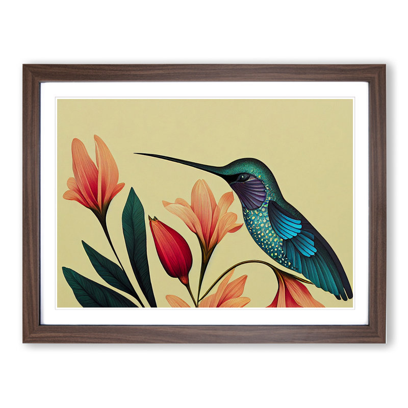 Otherworldly Floral Hummingbird 1 Piece Single Picture Frame Wall Art, 25cm H x 34cm W x 2cm D, Walnut