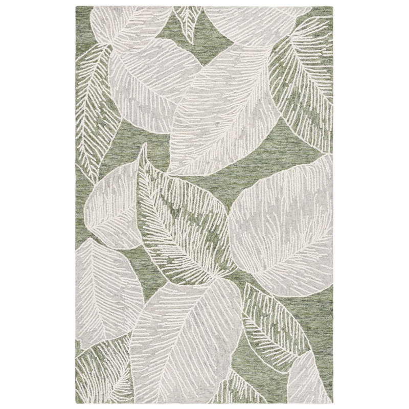 Laine touffetée à la main Jardin 375; Tapis floral en coton vert / ivoire, Rectangle 6 pi x 9 pi