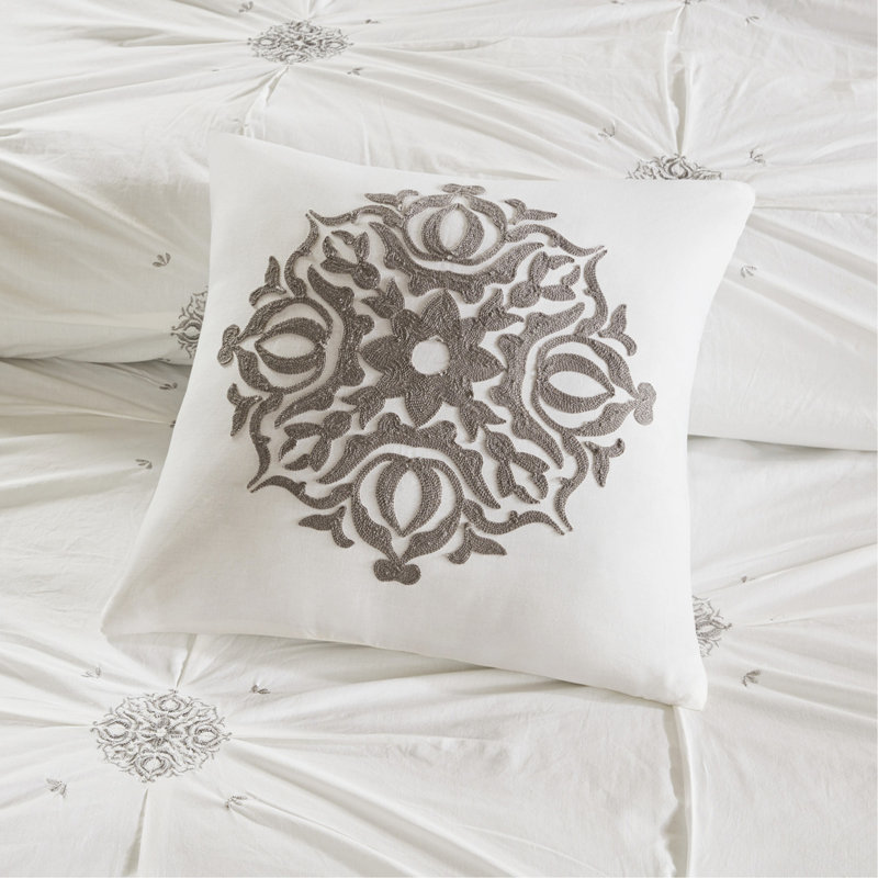 6 Piece Embroidered Cotton Reversible Comforter Set Ivory Full/Queen, Queen Comforter + 5 Additional Pieces