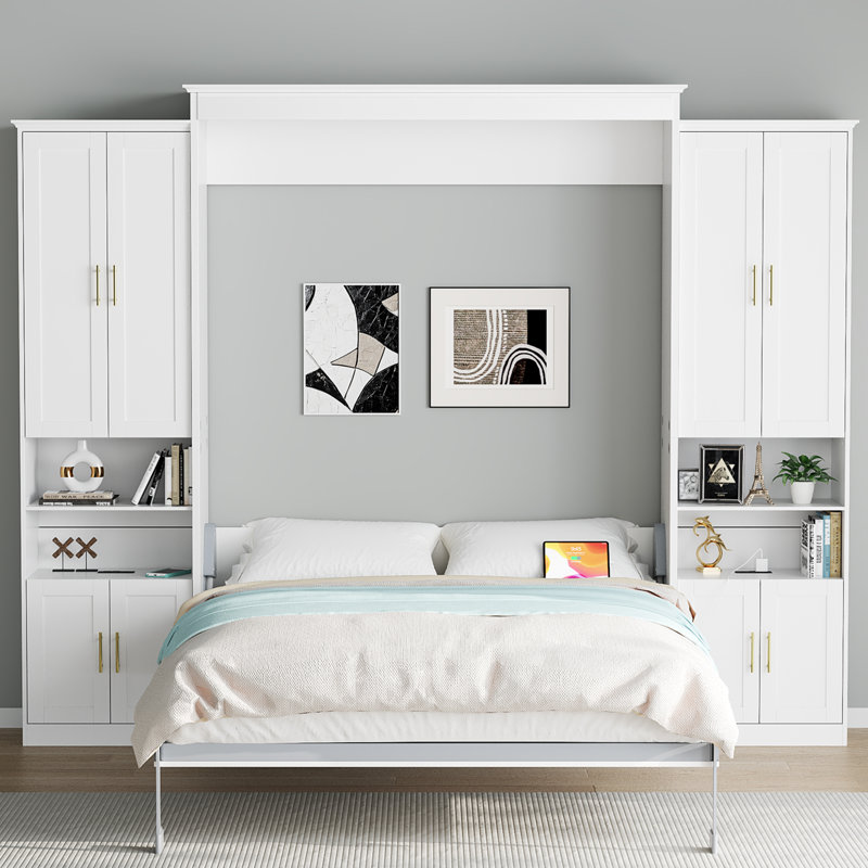 Murphy Bed With Storage Cabinet Shelves, Queen Wall Bed And USB Port, White, Queen