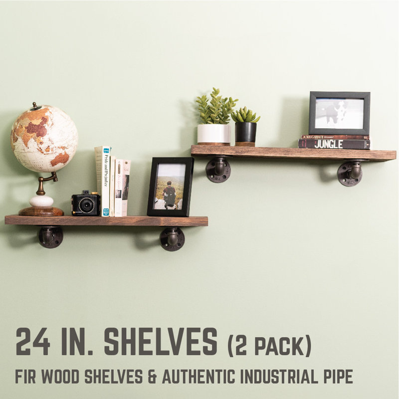 Ternes 2 Piece Pine Industrial Pipe Shelves, Sunset Brown
