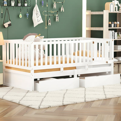 Wood Daybed with Fence Guardrails and 2 Drawers, Split into Independent Floor Bed & Daybed, for Growing Families