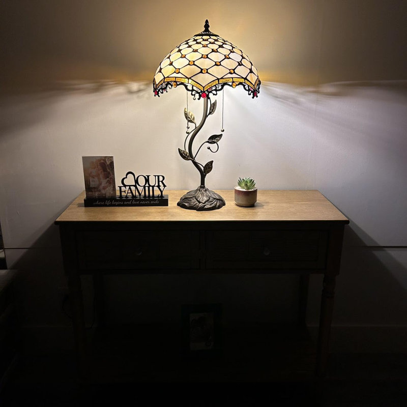 Haydee Tiffany Table Lamp Beige Stained Glass Crystal Beans Iron Metal Leaves Bronze Base LED Bulb , 24" H x 14" W x 14" D