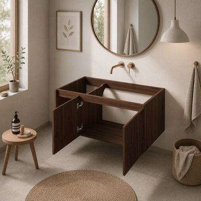 Meuble-lavabo flottant mural 36 po - armoire seulement, noyer pour rangement de salle de bain