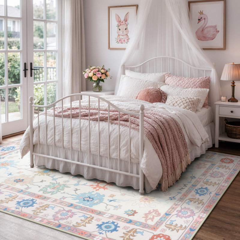 Kaldi Washable Oushak Runner, Non Slip Area Rug for Bedroom, Floral Boho Runners Vintage Mat, Rectangle 5' x 7'