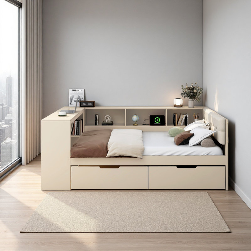 Platform Bed With Storage Shelves, Drawers, Charging Station And Upholstered Headboard, Full