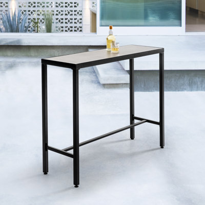 Outdoor Iron Bar Table With 3d-print Tempered Glass Tabletop, Sturdy and Comfortable Footrest, Powder-Coated Frame, for Patio, Black and Grey