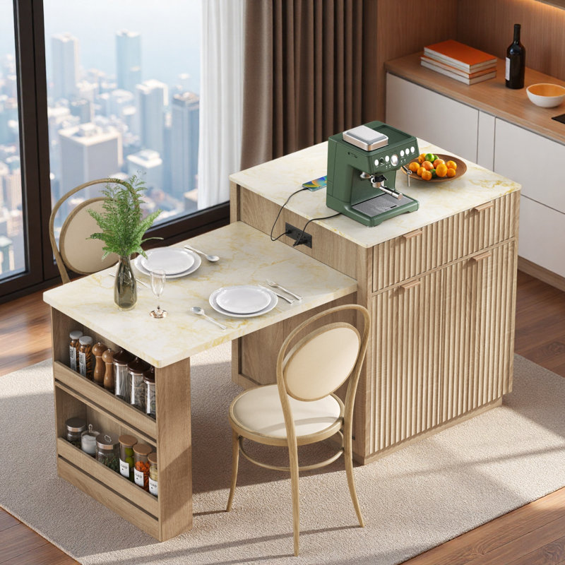 Fluted Kitchen Island With Extendable Dining Table, Power Outlet,  Double-side Storage, 2 Drawers And 2 Side Open Shelves