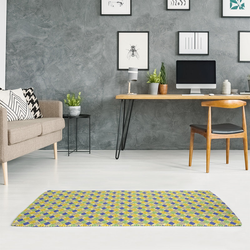 Tapis jaune/bleu rétro diamants, Rectangle 2 pi x 3 pi