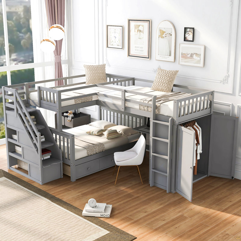 Lit superposé simple en L avec 3 tiroirs, bureau portable et garde-robe, Gris
