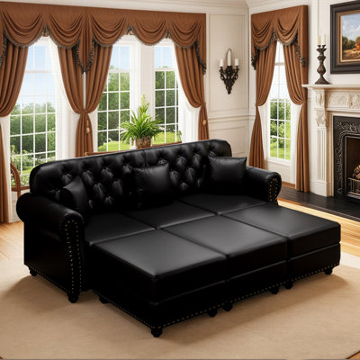 Mid-Century Modern 82.6" Upholstered Sofa With Nailhead Trim And 3 Ottomans, Faux Leather, Chesterfield Sofa With Button Tufted