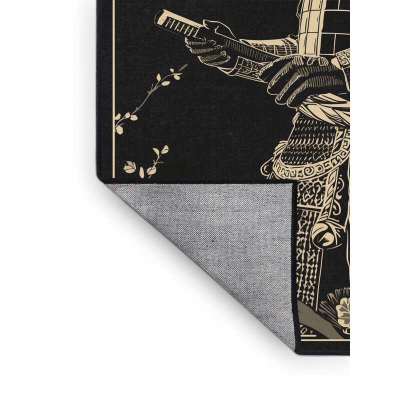Tapis damassé classique Cilegon Samurai In Armour en noir lavable à la machine, 7 x 9