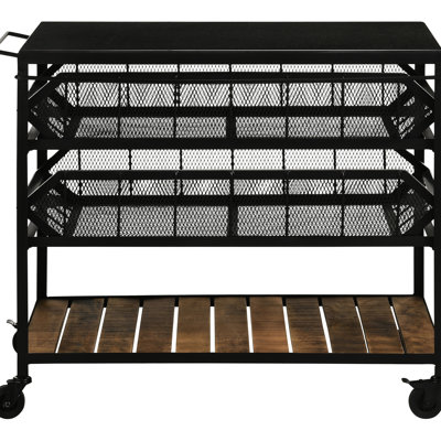 Stylish Dining Room Island Storage Cart With Black Mesh Metal And Three Spacious Natural Mango Wood Shelves, 32 Inches Tall Industrial Office Frame Wood, High, Lockable