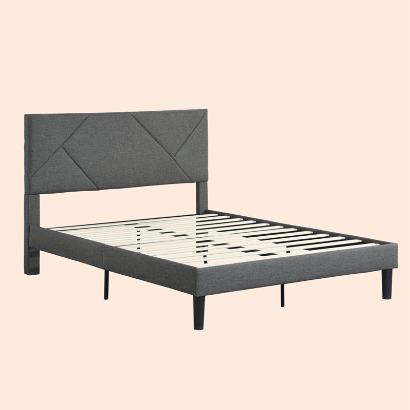 Classic Upholstered Platform Bed with Headboard & Wood Slat Mattress Foundation, Grey, Full