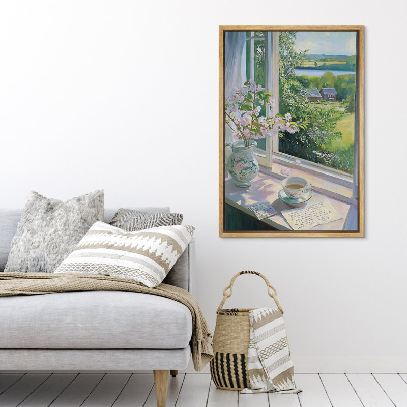 Art mural sur toile Sunlit Window View - Paysage de campagne confortable pour la cuisine ou la chambre à coucher, Naturel