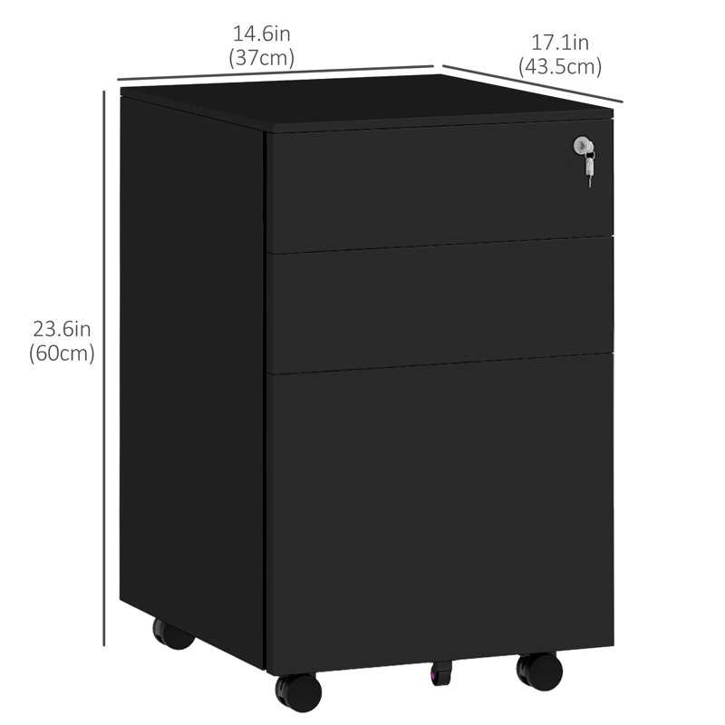 Classeur mobile en acier à 3 tiroirs de 14,6 po de large Lenus, Noir