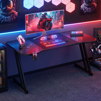 Ergonomic PC Gaming Workstation, Large Carbon Fibre Desktop Gaming Table, Multi-Purpose Gaming & Home Office Computer Desk, Built-in Cup Holder and Headphone Hook, Black
