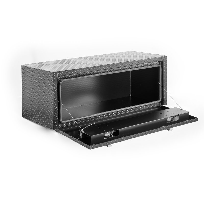 Coffre à outils de 48 pouces en aluminium pour coffre de caisse de dessous de lit Boîte à outils robuste avec rangement et clés, coffre de remorque imperméable, plaque de filetage à losanges très épaisse, finition noir mat