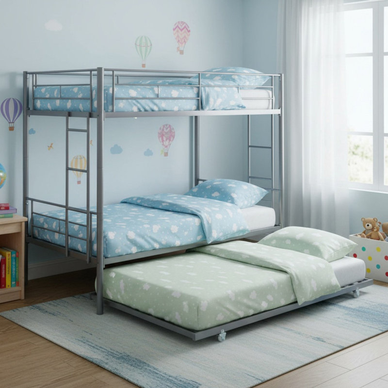 Lit superposé simple au-dessus d'un lit simple en métal avec lit gigogne pour adolescents et adultes, Argent argent