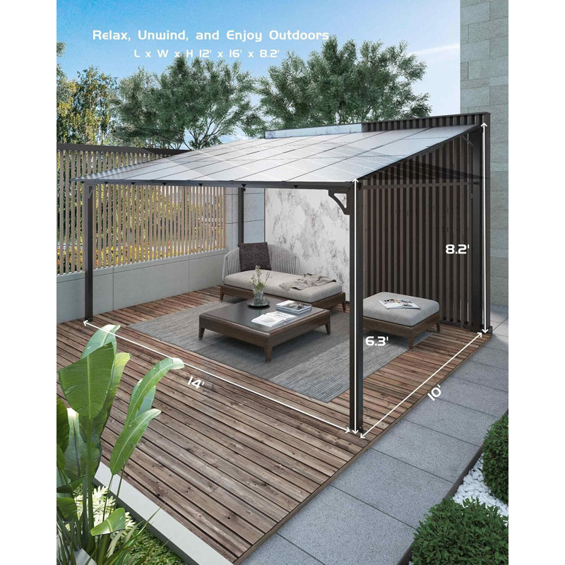 Pavillon de jardin mural 10 'x 14' | Toit en polycarbonate de 6 mm et cadre en aluminium renforcé | Pergola à toit rigide toutes saisons pour patio, terrasse, cour arrière