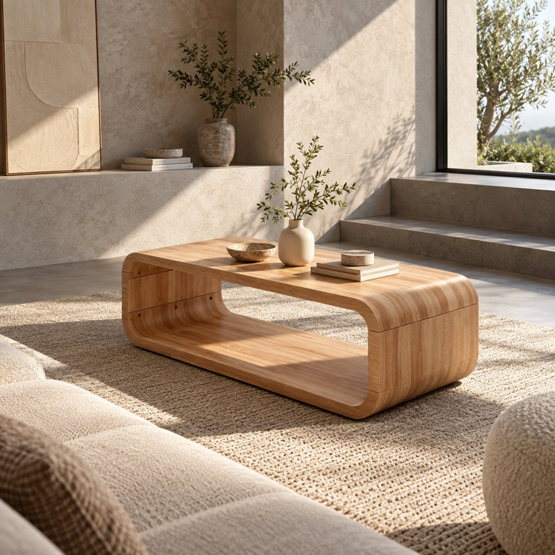 Table basse minimaliste en bois clair naturel, structure ouverte arrondie en bois massif avec rangement ouvert à 2 niveaux, table d'appoint rectangulaire basse