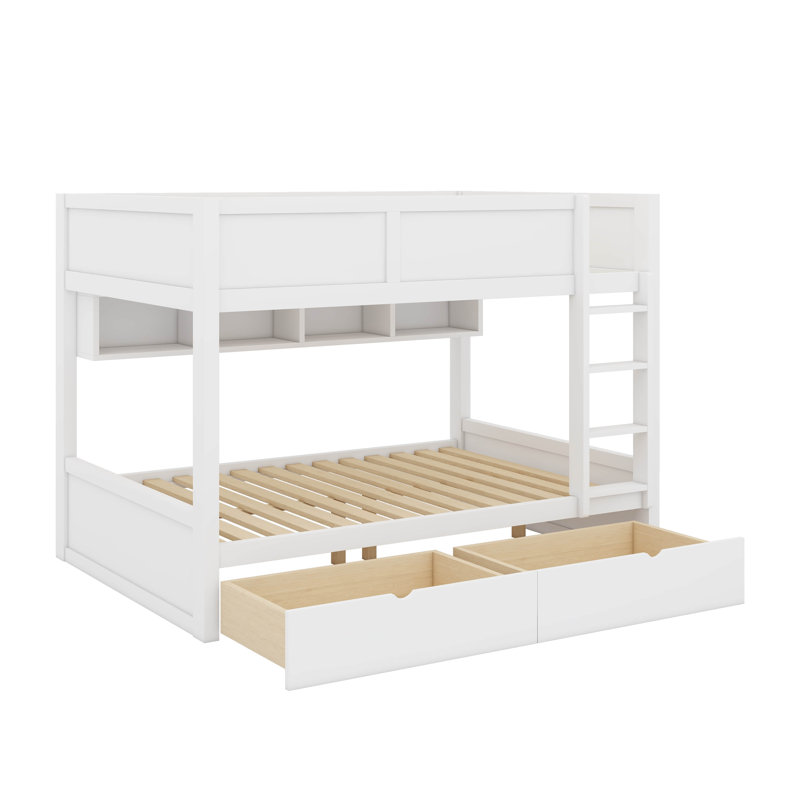 Lit superposé Full XL par Full XL avec unités de rangement intégrées, éclairage à DEL et tiroirs doubles, Blanc