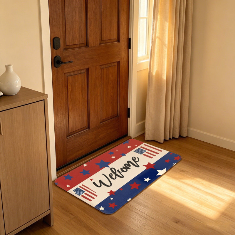 Tapis d'entrée rouge et bleu Welcome