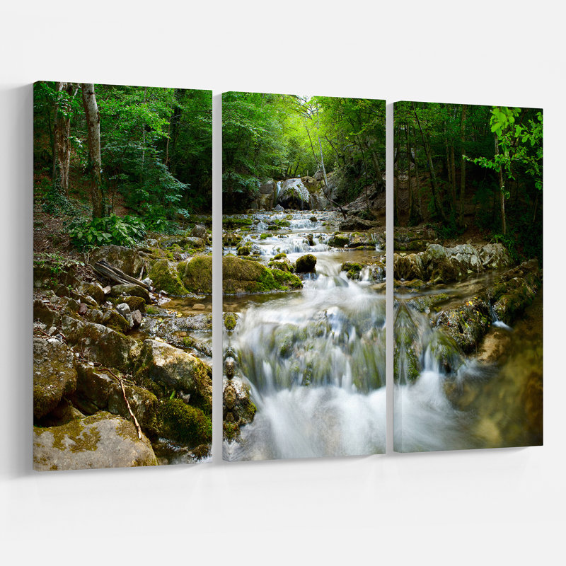 Natural Spring Waterfall Landscape Canvas Print in 3 Panels