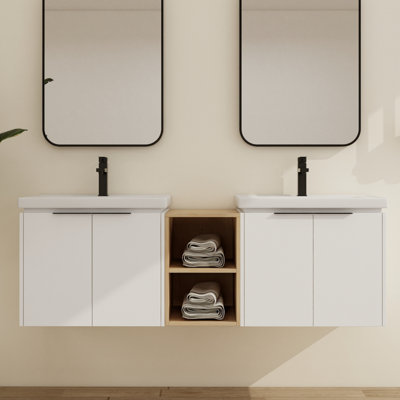 Ensemble de meuble-lavabo mural double 60 po avec lavabo Arminan, 4 portes flottantes et 1 tablette de rangement