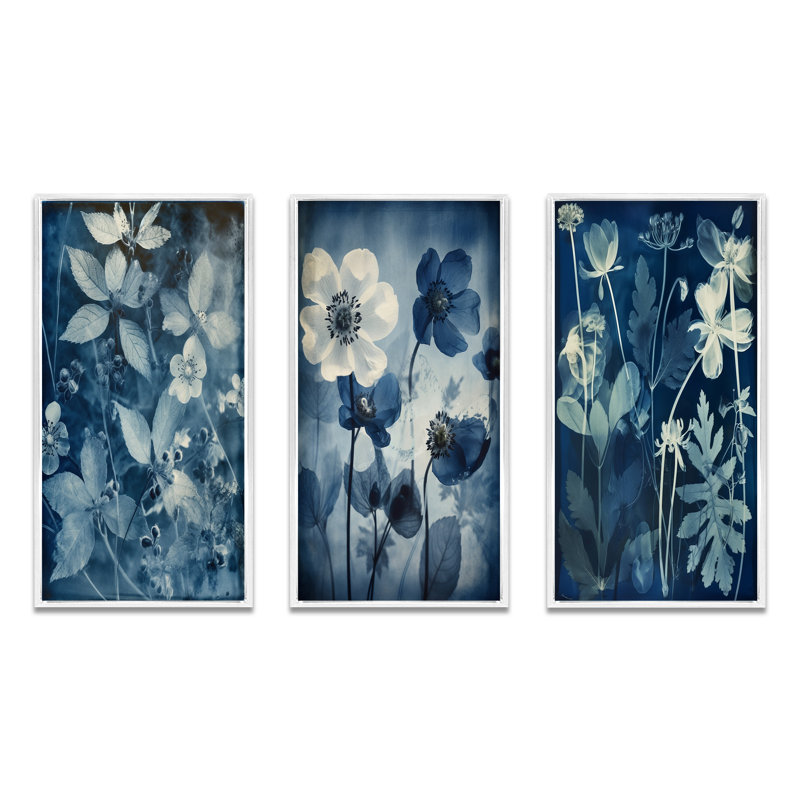«Fleurs botaniques rétro en bleu délavé II», 3 pièces, Cadre flottant blanc, H 32 po x l 48 po