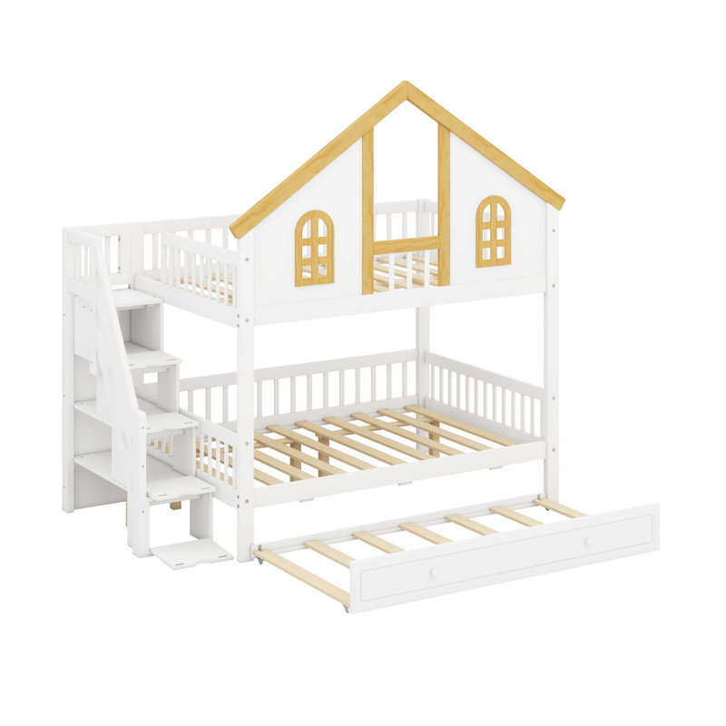 Full House Bunk Bed With Trundle, Wooden Bunk Bed Frame With Storage Staircase, Roof, Window & Door Desig