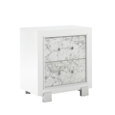 Marble Look Nightstand In White With Spacious Drawers And Knob Handles Expansive