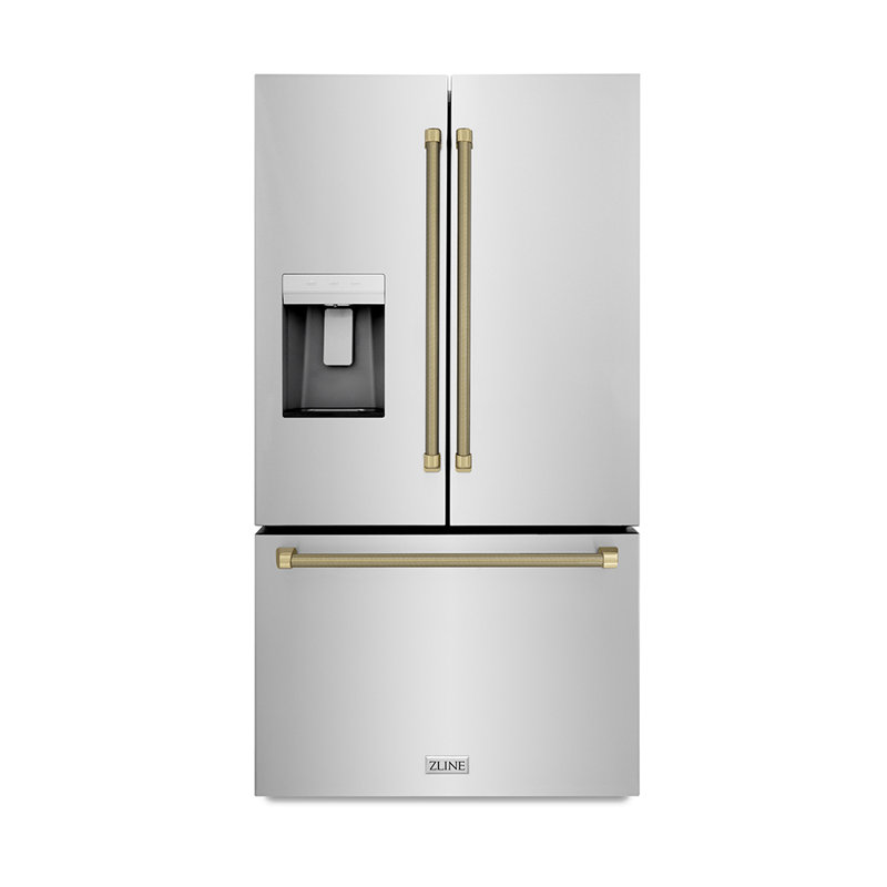 ZLINE Autograph 36 in. Stainless Standard-Depth Fridge w/ Dual Ice Maker & Bronze Helix Handles, Champagne Bronze