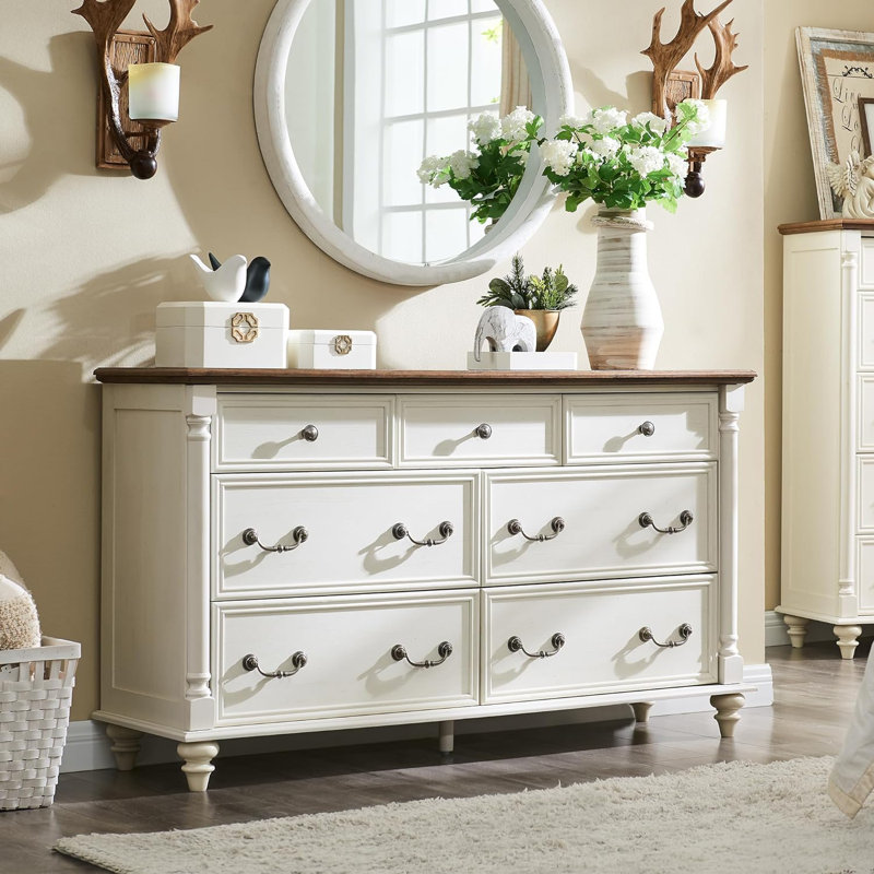 Ojaswi Farmhouse 7 - Drawer Dresser, Wood Rustic Dresser Chest of Drawers with 2 Size Drawers for Bedroom, Living Room