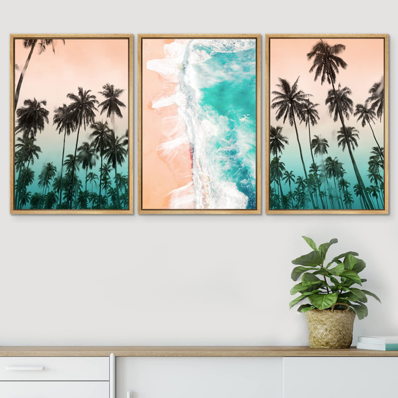 " Orange & Teal Palm Tree Beach Seascape Coastal Nautical Mixed Media Modern Rustic Scenic " 3 - Pieces, Naturel