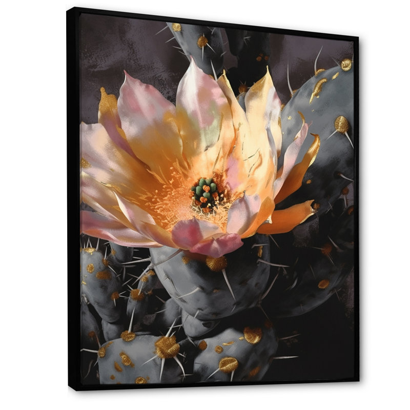 Fleur de cactus orange gris I - impression, H 32 po x l 24 po x P 1 po, Cadre flottant noir