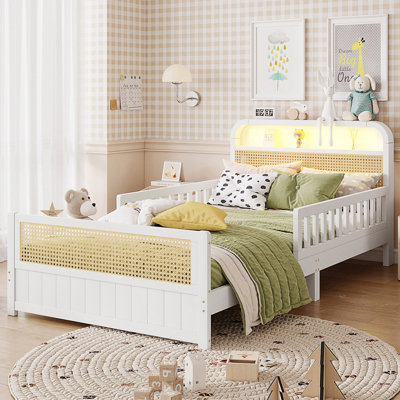Twin Rattan Bed Frame with LED Lights and Storage Headboard, Twin Size Platform Bed with Safety Guardrails