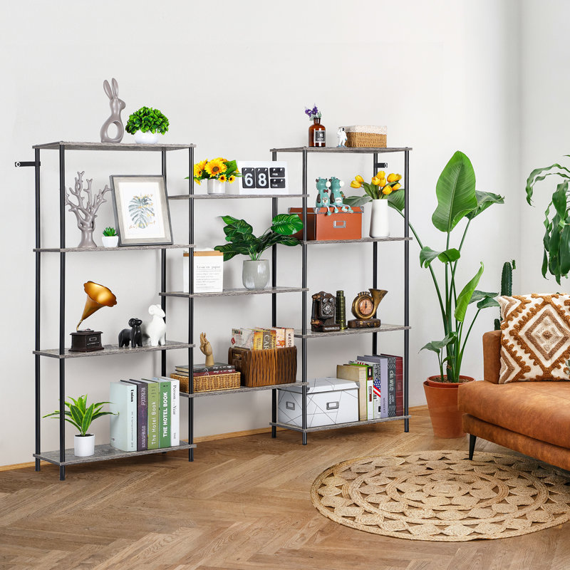 Three Rows Bookcase-4 Shelves-Black, Gris