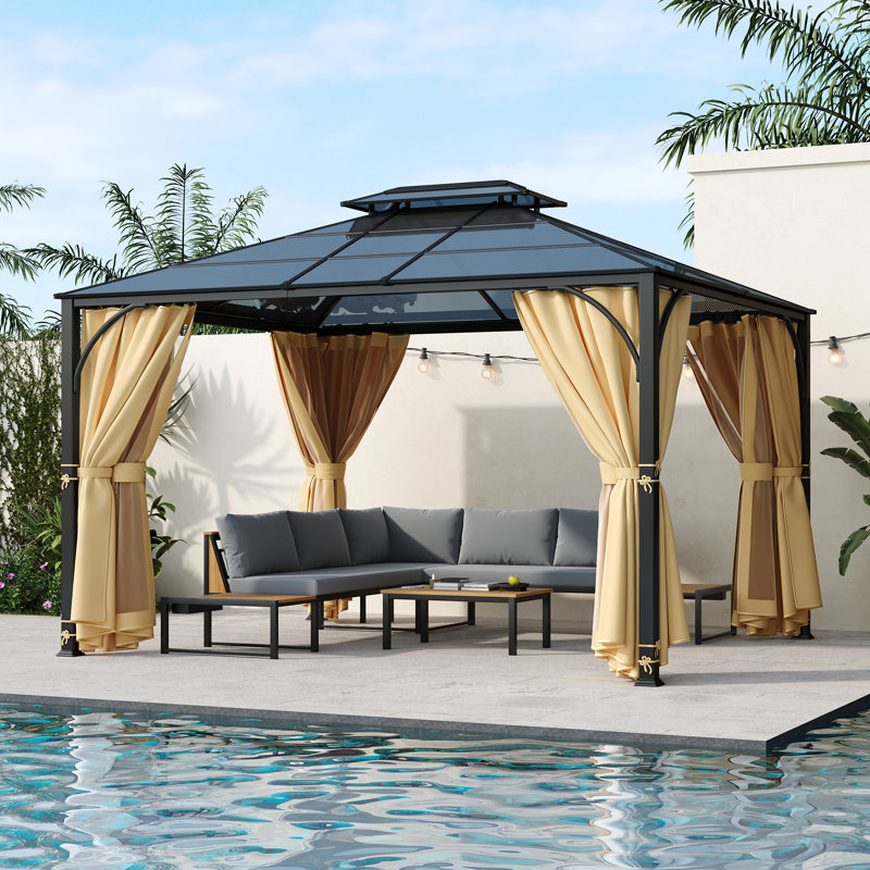 Pavillon de jardin 10 pi x 12 pi Roomfitter avec toit en PC double couche, structure en acier, moustiquaire et rideaux pour patio, cour arrière, beige