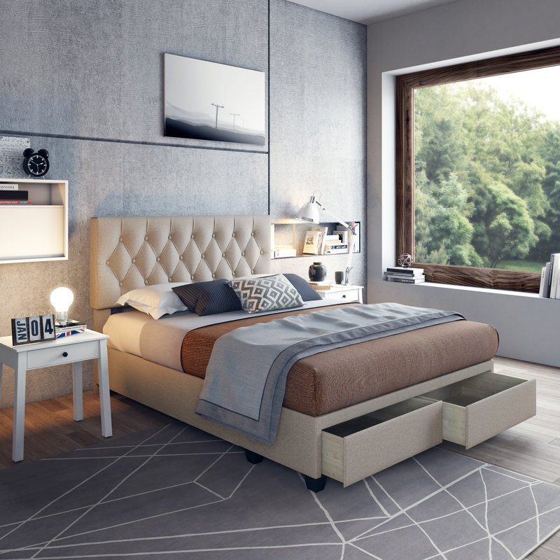 Structure de lit tapissier Salerno, Beige, Double
