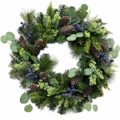 Couronne de Noël pré-illuminée de 61 cm (24 po) avec 20 lumières DEL, pommes de pin, baies bleues et eucalyptus