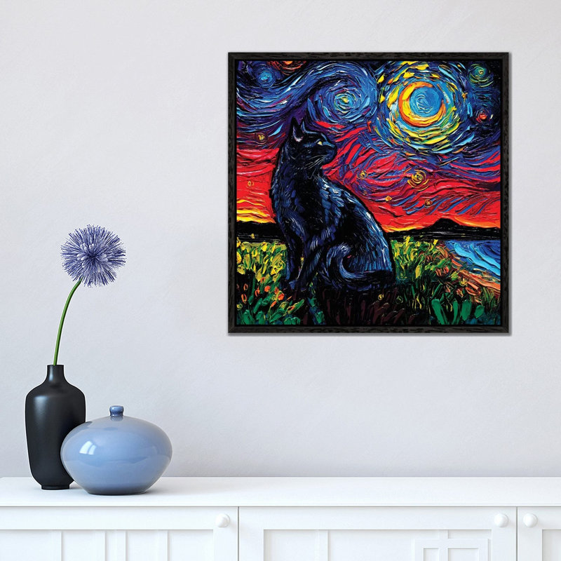 Black Cat Night II by Aja Trier - Painting on Canvas, Black Framed Canvas, 45.72 cm H x 45.72 cm W