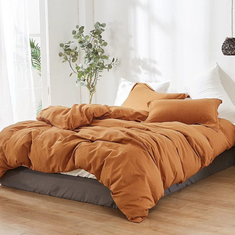 Ensemble de housse de couette en lin français - 5 pièces (1 housse d'édredon, 4 taies d'oreiller) - Mélange de coton lin naturel - Literie de ferme de couleur unie respirante