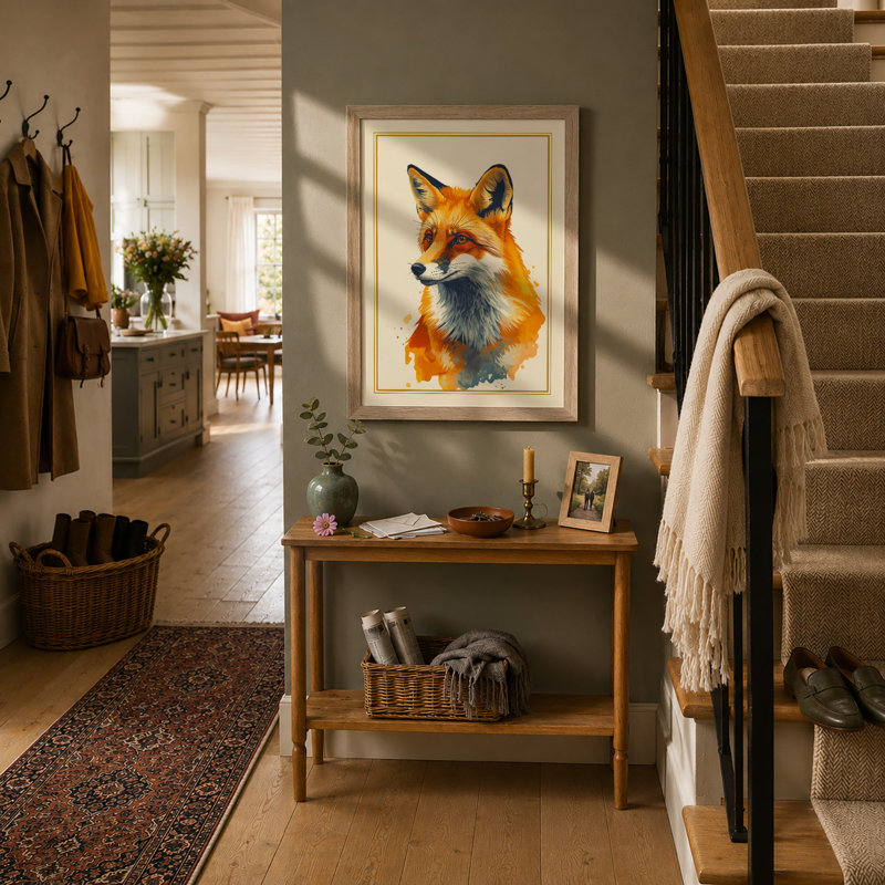 Fox in Watercolour Japandi - Framed Print, A2 - 59.4 x 42.0 cm, Oak