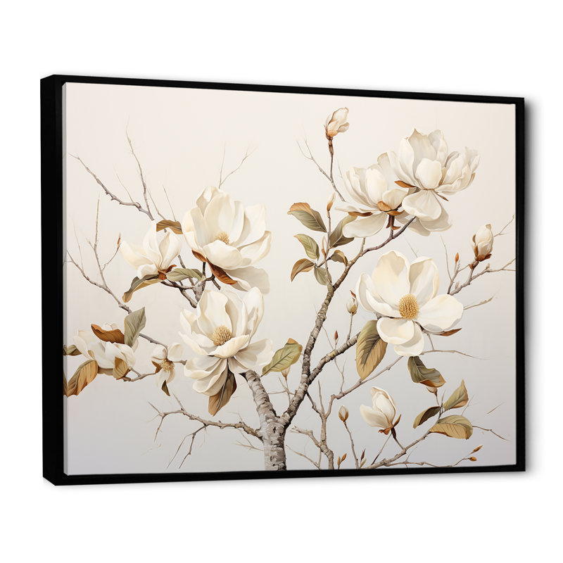 Minimalisme, fleurs de magnolia blanches sur toile, Cadre flottant noir, H 16 po x l 32 po x P 1 po