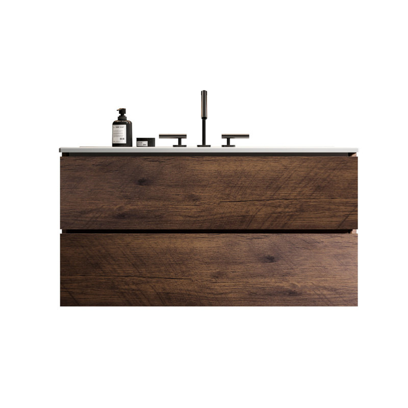 Meuble-lavabo de 91 cm (36 po), style noyer, lavabo en céramique, 3 trous pour robinetterie, grand espace de rangement, mécanisme de tiroir silencieux, meuble sous-lavabo mural, blanc et noyer, volume de rangement généreux, en trois parties