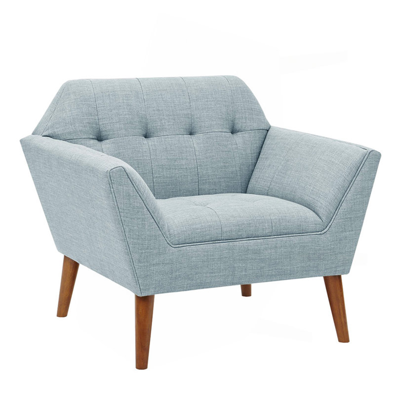 Fauteuil moderne avec pieds à finition pacane, siège à boutons, revêtement bleu avec dossier en bois massif, l 37 po x P 29,5 po