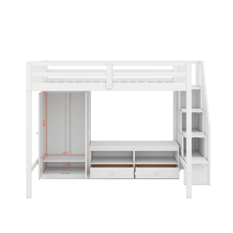 Lit mezzanine double avec garde-robe et escalier de rangement, Blanc