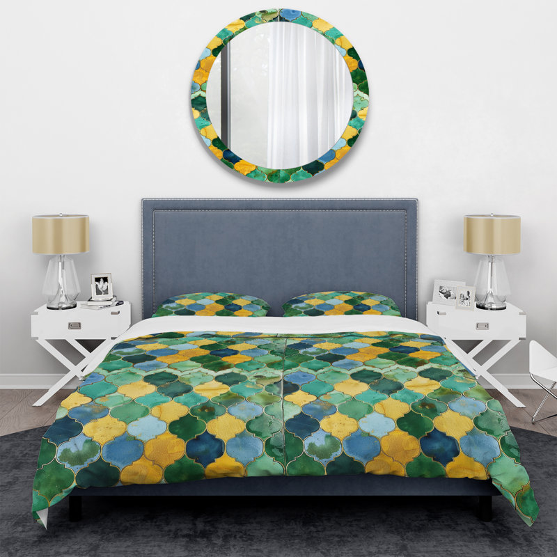 Ensemble de housse de couette mosaïque dorée verte et dorée verte IV, Housse de couette simple et deux taies décorative